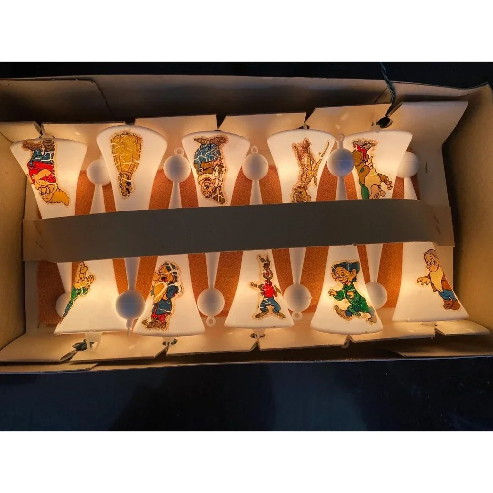 Vintage Shiny Brite Italian Fancy Christmas Lights Snow White Themed 7 Dwarfs Wo
